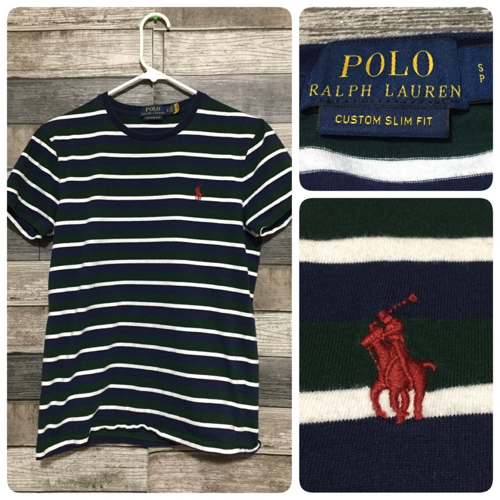 Polo Ralph Lauren Custom Slim Fit Stripe T Shirt Men’s S Blue Green Short Sleeve